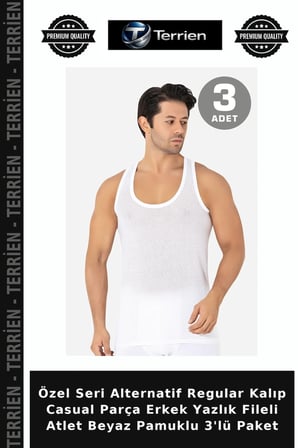 Özel Seri Alternatif Regular Kalıp Casual Parça Erkek Yazlık Fileli Atlet Beyaz Pamuklu 3'lü Paket