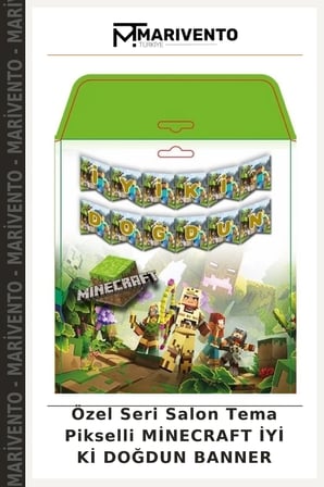 Özel Seri Salon Tema Pikselli MİNECRAFT İYİ Kİ DOĞDUN BANNER