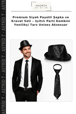 Premium Siyah Payetli Şapka ve Kravat Seti – Işıltılı Parti Kombini Yenilikçi Tarz Unisex Aksesuar