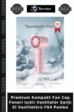 Premium Kompakt Fan Cep Feneri Işıklı Vantilatör Şarjlı El Vantilatörü F64 Pembe