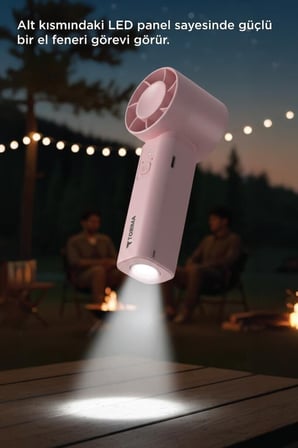Premium Kompakt Fan Cep Feneri Işıklı Vantilatör Şarjlı El Vantilatörü F64 Pembe