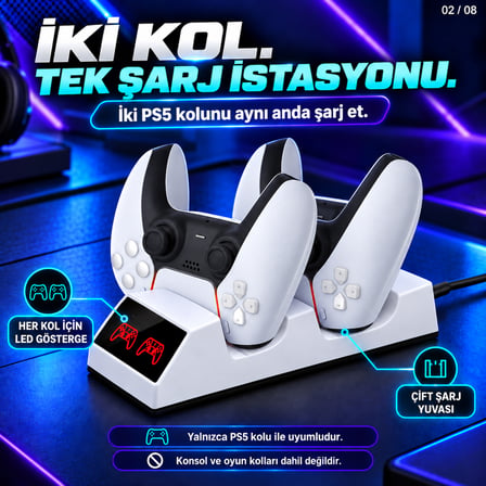 Dexxony TP5-0508B PS5 Uyumlu Çift Oyun Kolu Şarj İstasyonu LED Göstergeli Type-C Beyaz