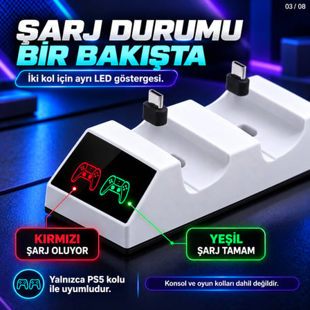 Dexxony TP5-0508B PS5 Uyumlu Çift Oyun Kolu Şarj İstasyonu LED Göstergeli Type-C Beyaz