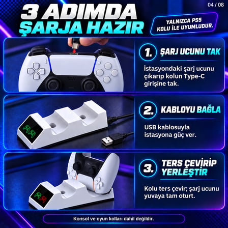 Dexxony TP5-0508B PS5 Uyumlu Çift Oyun Kolu Şarj İstasyonu LED Göstergeli Type-C Beyaz