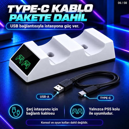 Dexxony TP5-0508B PS5 Uyumlu Çift Oyun Kolu Şarj İstasyonu LED Göstergeli Type-C Beyaz