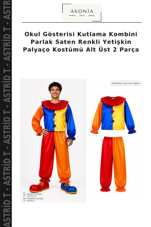 Okul Gösterisi Kutlama Kombini Parlak Saten Renkli Yetişkin Palyaço Kostümü Alt Üst 2 Parça
