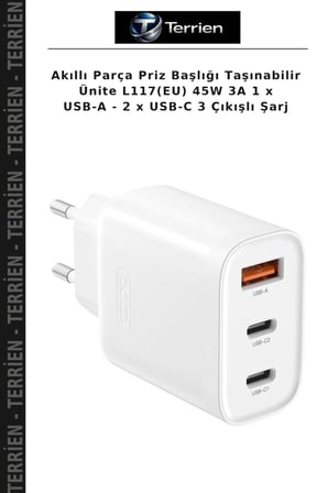 Akıllı Parça Priz Başlığı Taşınabilir Ünite L117(EU) 45W 3A 1 x USB-A - 2 x USB-C 3 Çıkışlı Şarj