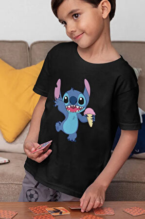Stitch Ve Angel Baskılı Unisex Çizgi Film Çocuk Tişört (1-12 YAŞ)