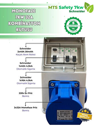 7.4 Kw 3/32 A SCHNEİDER Tesla Mavi Adaptör Uyumlu Seyyar Elektrikli Araç Şarj Cihazı İstasyonu Kombinasyon Panosu Kutusu 7kw