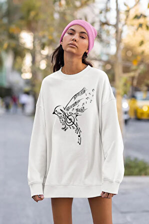 Kuş Nota Baskılı Unisex Oversize Tasarım Sweatshirt