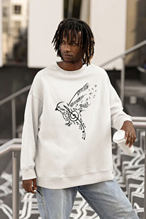 Kuş Nota Baskılı Unisex Oversize Tasarım Sweatshirt