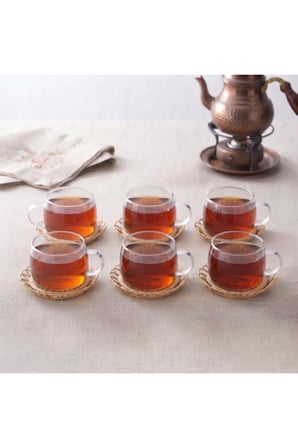 10 Adet El Yapımı Bambu Çay Seti – 6 Kişilik 12 Parça Örgü Bambu Bardak Altlığı Ve Isıya Dayanıklı Şeffaf Cam Fincanlar, Tea Set, Glass Cups
