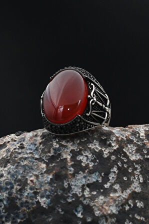 Kırmızı Akik Taşlı Terazi Figürlü 925 Ayar Gümüş Erkek Yüzüğü 901739