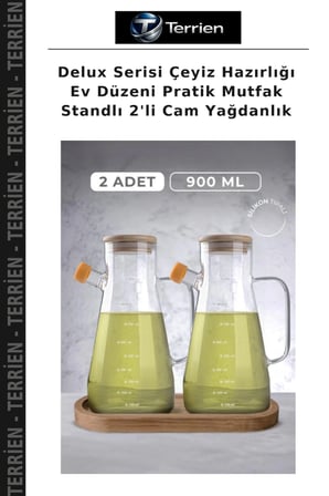 Delux Serisi Çeyiz Hazırlığı Ev Düzeni Pratik Mutfak Standlı 2'li Cam Yağdanlık
