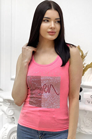 Heaven Crystal Taş Baskılı Dar Kesim / Slim Fit Pamuk Kadın Şık Atlet Kalın Askılı Kolsuz T-shirt