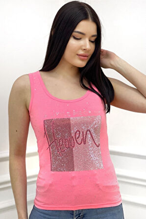 Heaven Crystal Taş Baskılı Dar Kesim / Slim Fit Pamuk Kadın Şık Atlet Kalın Askılı Kolsuz T-shirt