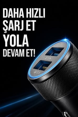 Delux Serisi Oto Aksesuar Akım Şarjı Araç Şarj Aleti Soketi Çift USB C3 Siyah