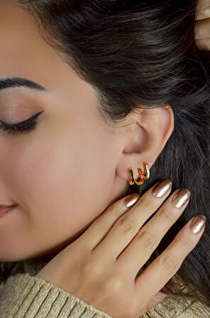 Renkli Taşlı 3'lü Halka Çelik Küpe Seti Gold