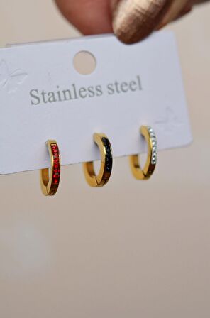 Renkli Taşlı 3'lü Halka Çelik Küpe Seti Gold