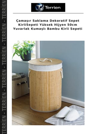 Çamaşır Saklama Dekoratif Sepet KirliSepeti Yüksek Hijyen 50cm Yuvarlak Kumaşlı Bambu Kirli Sepeti