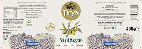 TİRYA JUMBO BOY DOMAT KOKTEYL YEŞİL ZEYTİN 400 GR.