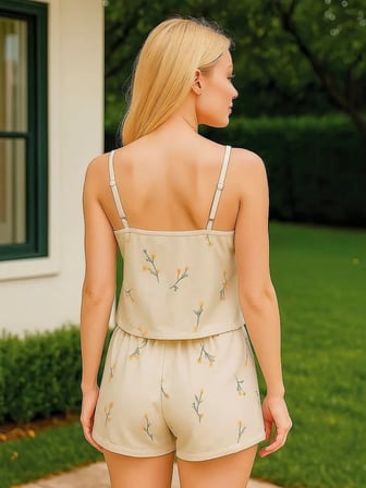 Delux Serisi Kadın Çiçek Desenli Şortlu Pijama Takımı Ev Stili Günlük Stil Rahat Giyim