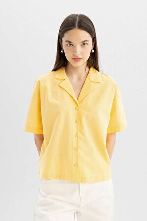 DeFacto Coool Oversize Geniş Kalıp Pijama Yaka Flamlı Pamuk Kısa Kollu Gömlek C0743AX24SMYL170