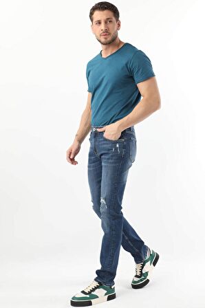 Erkek Dizi Yırtık Jean Pantolon  Mavi