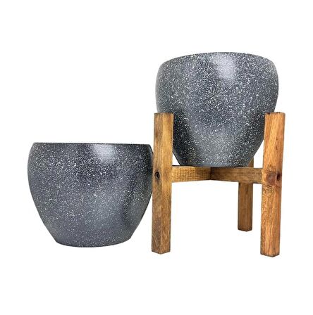 Ev Dekorasyon Gri Granit Toprak Saksı Saksılık Salon Çiçeklik İkili Set Ayaksız - 4 Ayaklı- 15 CM