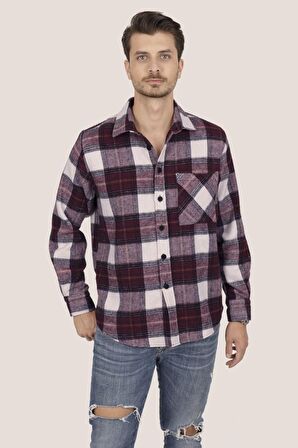 Kiraz Beyaz Geçişli Oversize Kalın Oduncu Gömlek