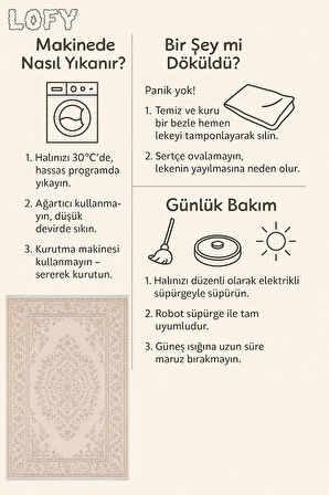 Krem Klasik Desenli Halı – Zarif ve Şık Stil | Kaymaz Taban, Yıkanabilir, Evcil Dostu