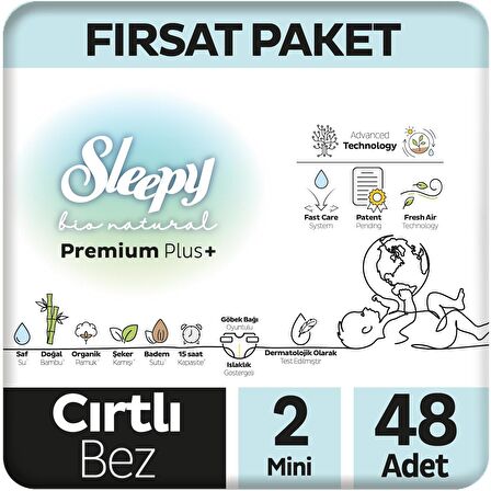 Sleepy Bio Natural Premium Plus Fırsat Paketi Bebek Bezi 2 Numara Mini 48 Adet