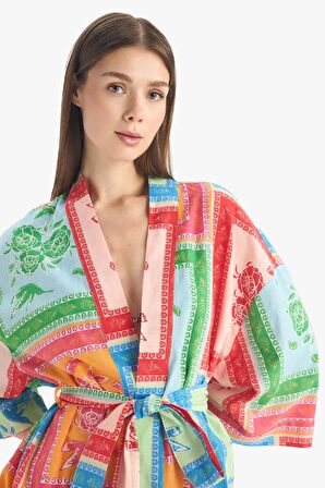 DeFacto Regular Fit Desenli Kuşaklı Pamuklu Kimono-Fall in Love D0453AX25SPPN206