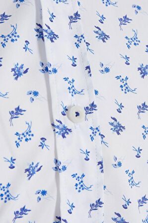Beyaz Slim Fit Çiçek Desenli Gömlek | S