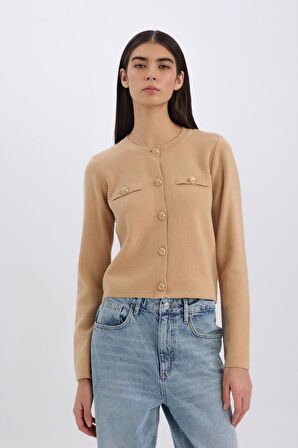 DeFacto Regular Fit Bisiklet Yaka Basic Düz Altın Metal Düğmeli Triko Hırka C1500AX24WNBG243