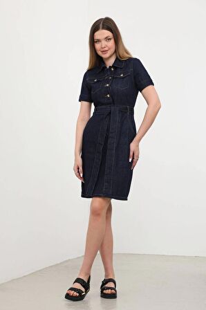 Kadın Kemerli Koyu Lacivert Jean Elbise