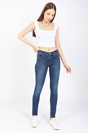 Kadın Orta Bel Streç Jean Pantolon Koyu Mavi