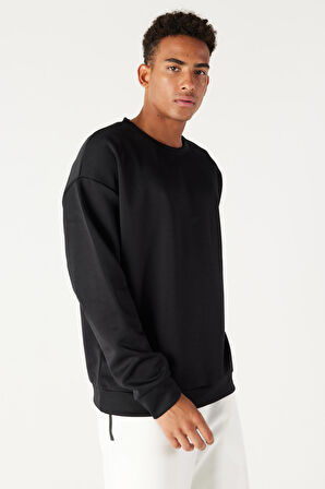 Erkek Siyah Oversize Bol Kesim Bisiklet Yaka Düz Sweatshirt