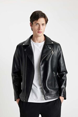 DeFacto Slim Fit Polo Yaka Astarlı Suni Deri Mont C5715AX24AUBK27