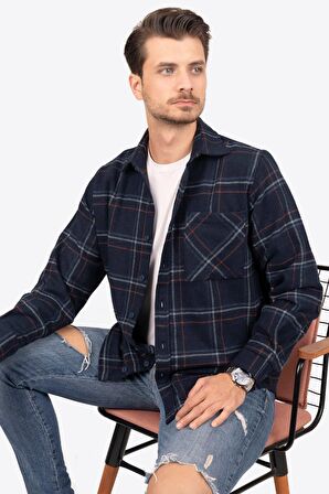 Lacivert Mavi Çizgili Oversize Kalın Oduncu Gömlek