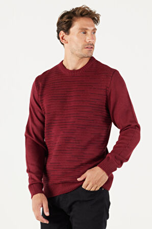 Erkek Bordo-siyah Standart Fit Normal Kesim Bisiklet Yaka Dokulu Desenli Triko Kazak