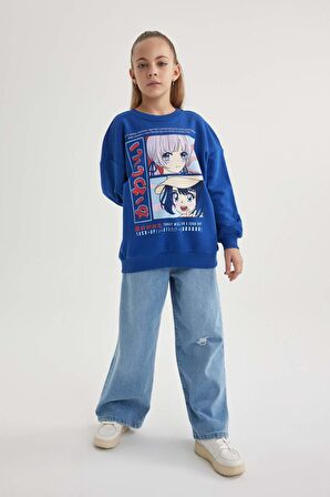 DeFacto Kız Çocuk Relax Fit Bisiklet Yaka Baskılı Sweatshirt B4673A823WNBE169