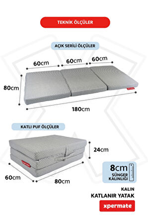 XPERMATE Katlanır Sünger Yatak, Yer Yatağı, Katlanır Yer Minderi, Misafir Yatağı 80x180x8 Gri Puantiyeli