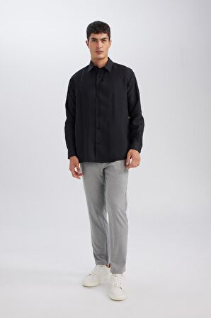 DeFacto Siyah Relax Fit Polo Yaka Twill Modal Karışımlı Basic Düz Uzun Kollu Gömlek D3376AX24AUBK26