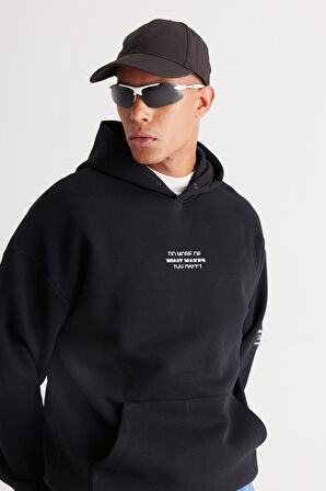 Erkek Siyah Oversize Fit Bol Kesim Kapüşonlu Içi Polarlı 3 Iplik Pamuklu Sweatshirt