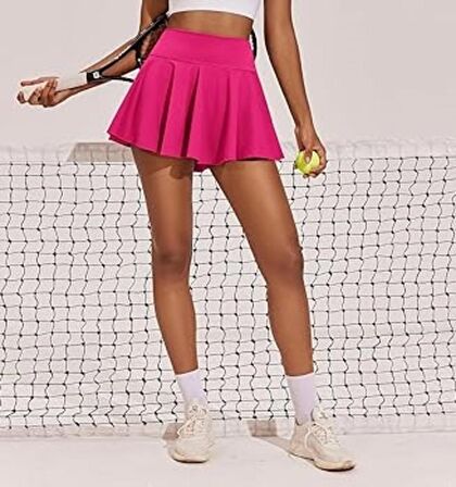 Pembe Yüksek Bel Tenis Etek - DARKALIP Şort Etek - Cepli Mini Spor Etek- İçi Taytlı Çift Katman