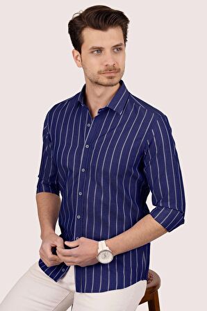 Lacivert Beyaz Çizgili Slimfit Erkek Gömlek