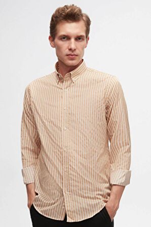 Slim Fit Bej Çizgili Gömlek 6HC02ORT10265