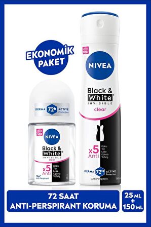 NIVEA Kadın Sprey Deodorant Black&White Clear 150ml ve Mini Roll-on Black&White Clear