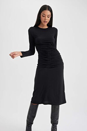 DeFacto Bodycon Yuvarlak Yaka Midi Uzun Kollu Elbise B1819AX23AUBK81
